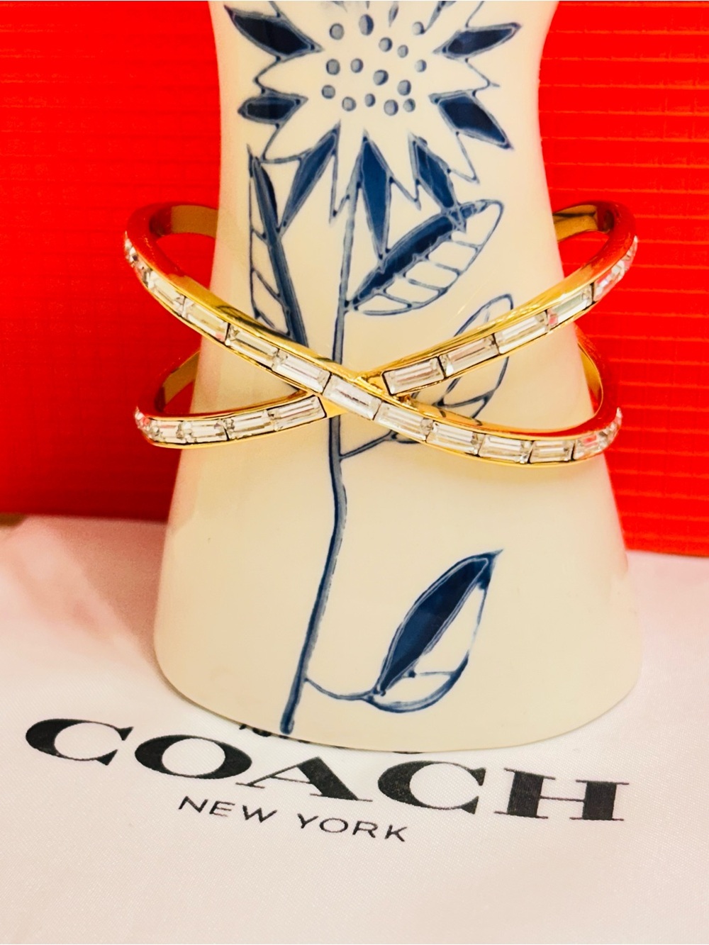 RARE Coach Gold Tone Crystal Crisscross Cuff Bracelet